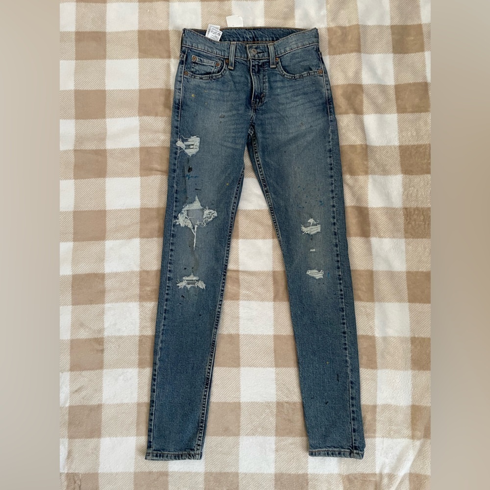 Levi Strauss Paint Splatter Distressed Classic Blue Denim Jeans 28x32 Skinny